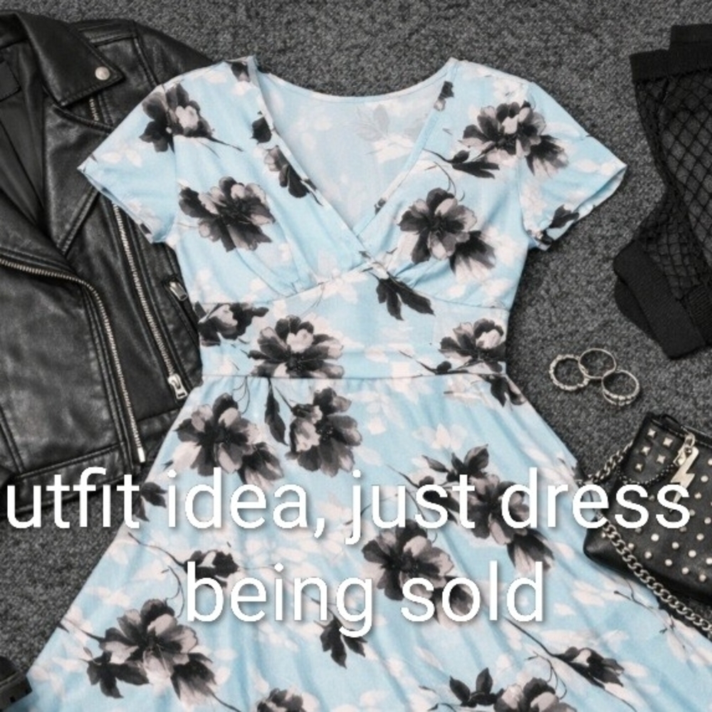 Olivia Matthews Pastel Blue Maxi Dress with Black Floral Print